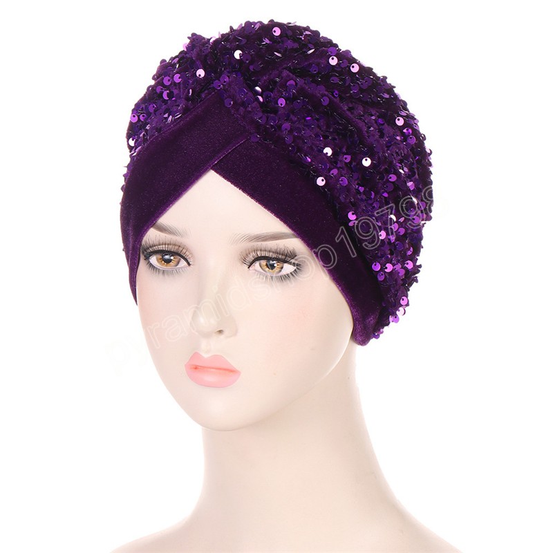 Sequin Velvet Indian Women Muslim Hijab Chemo Caps Stretch Turban Bonnet Headwrap Scarf Hair Loss Hat Femme Bonnet Cap Cover