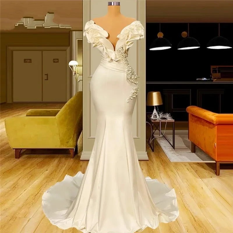 Dubai pérolas sereia vestidos de casamento sexy fora do ombro elegante marfim cetim babados vestidos de noiva vintage boho país noiva recepção robes