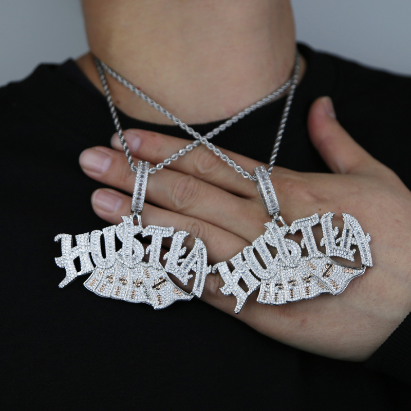 Nova carta de moda Hustla pingente com colar de corrente de corda pavimentada 5a cz pedra para homens homens dólares de hip -hop jóias que drop ship