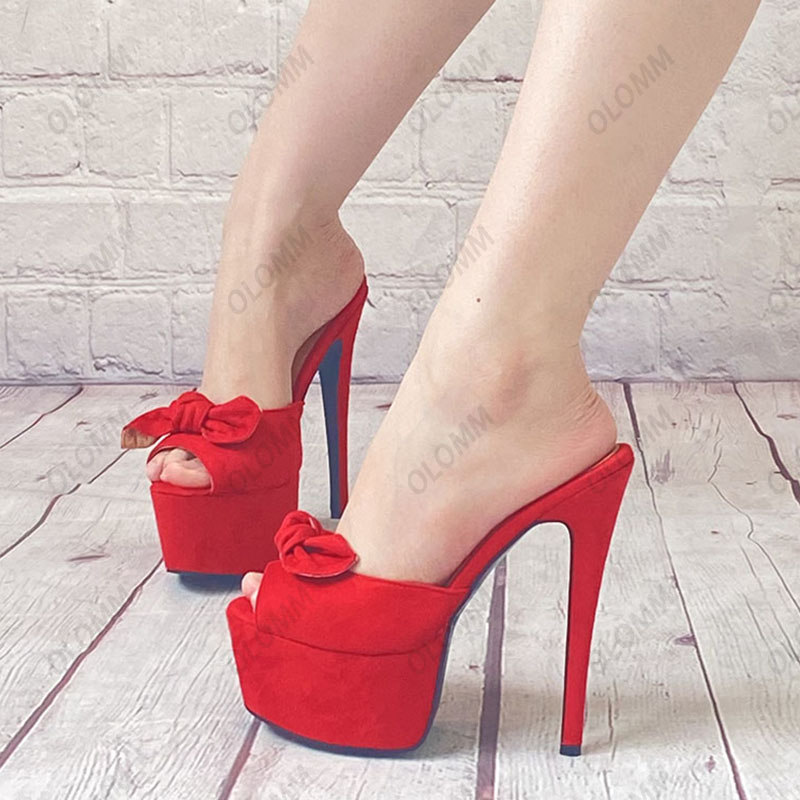 Olomm Fatti A Mano Delle Donne Della Piattaforma Ciabatte Sandali Faux Suede Tacchi A Spillo Peep Toe Vestito Rosso Scarpe Da Festa Delle Donne DEGLI STATI UNITI Più Il Formato 5-20