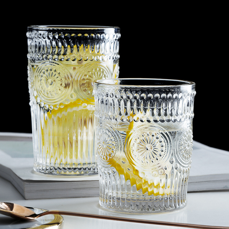 Embossed Water Glasses Romantic Glassware Vintage Drinking Glasses Glass Tumblers for Juice Beverages Cocktail