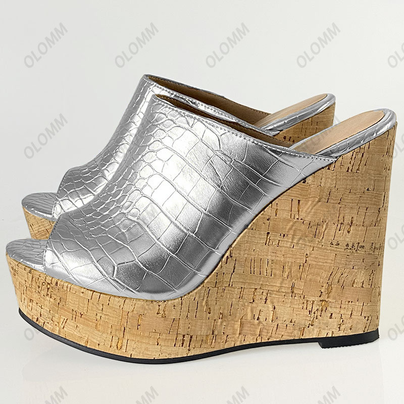 Olomm Handmade Women Platform Mules Sandals Slippers Wedges Heels Peep Toe Gorgeous Gold Silver Night Club Shoes Size 5-20