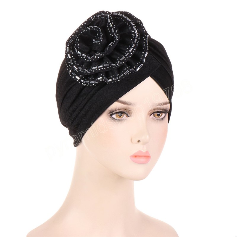 Grande Fiore Turbante Donne Musulmane Hijab Diamanti Chemio Cap Indiano Perdita di Capelli Copertura Cofano Cappello Foulard Avvolgere Femme Indian Caps