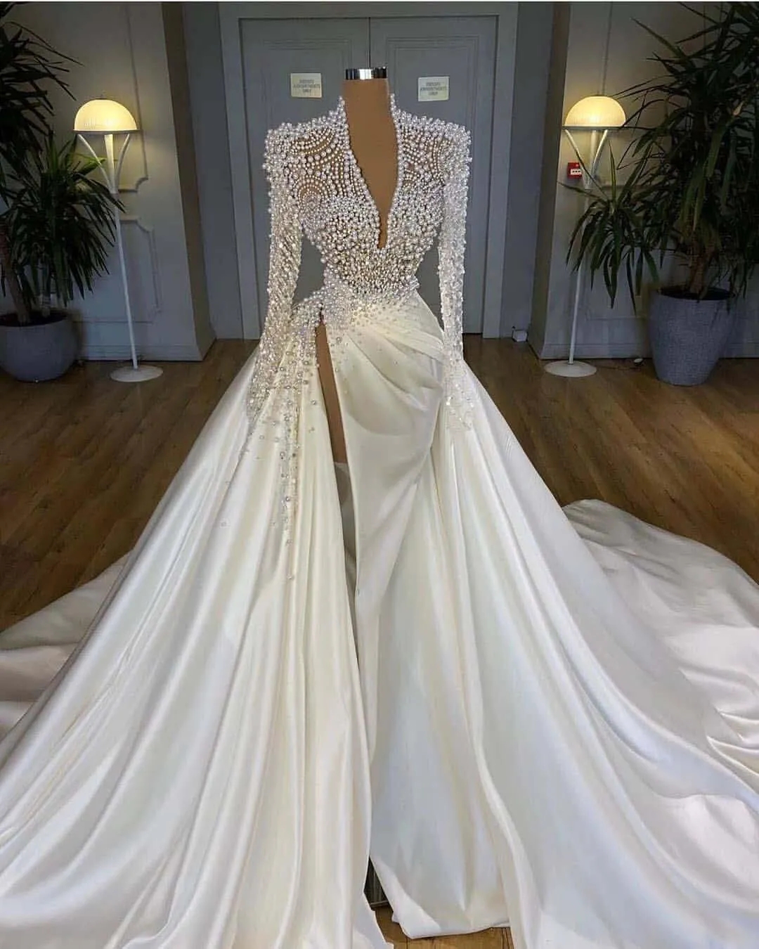 African Illusion Pearls Crystal Bridal Gowns Satin Church Long Sleeve Country Wedding Dresses Side Split Arabic Garden Reception Gowns