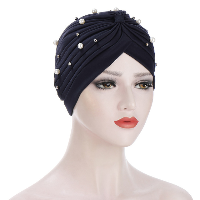 Women Pearls Beaded Turban Hat Muslim Hijab Bonnet Indian Cap Head Wrap Casual Chemo Cancer Twist Skullies