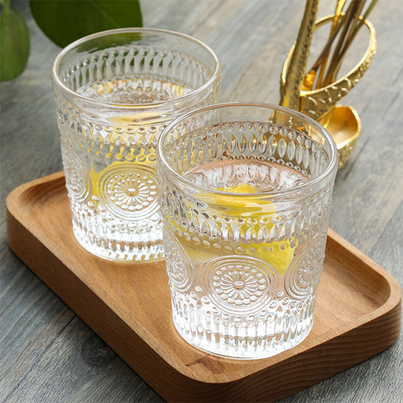 Ins Nordic Glass Water Cup Wind Retro Relief Phnom Penh Glass Roundひまわりウォーターカップコールドドリンクカップミルクティーショップジュースカップ