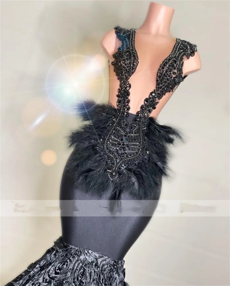 Sexy Black 3D Flower Mermaid Prom Dresses 2024 For Black Girls Illusion Beading Feathers Formal Party Dress Robe De Soiree