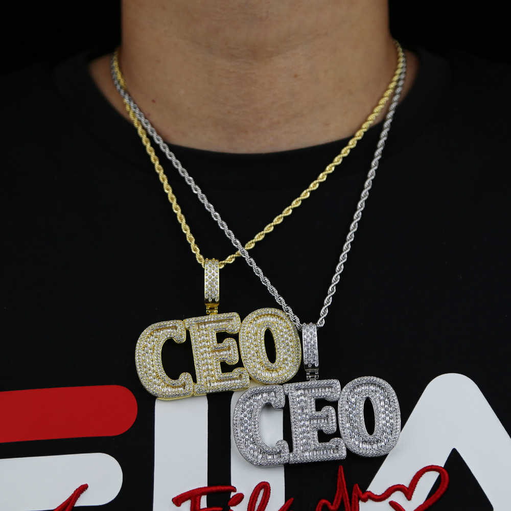 Naszyjniki wisiorek Hip Hop moda CZ Letter CEO Wisiant Naszyjnik lodowy Bling 5a Cubic Zirkonia Pełna utwardzony łańcuch tenisowy dla chłopca mężczyzn biżuteria T230413