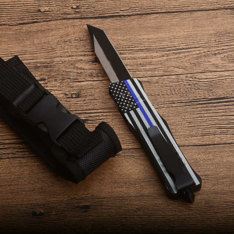 New Blue Flag Handle A161 AUTO Tactical Knife 440C Two-tone Tanto Point Blade Zn-al alloy Handle EDC Knives With Nylon Bag