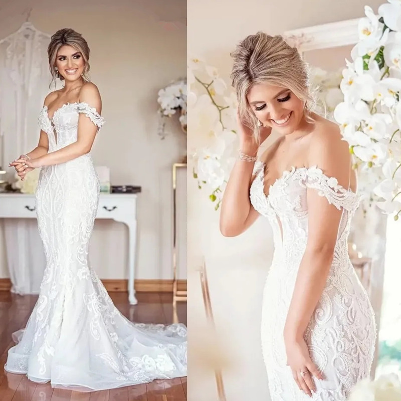 Stylish Off The Shoulder Lace Mermaid Wedding Dresses For Women Plus Size Arabic Aso Ebi Boho Country Bridal Gowns Sweep Train Reception Bride Robes de Mariee