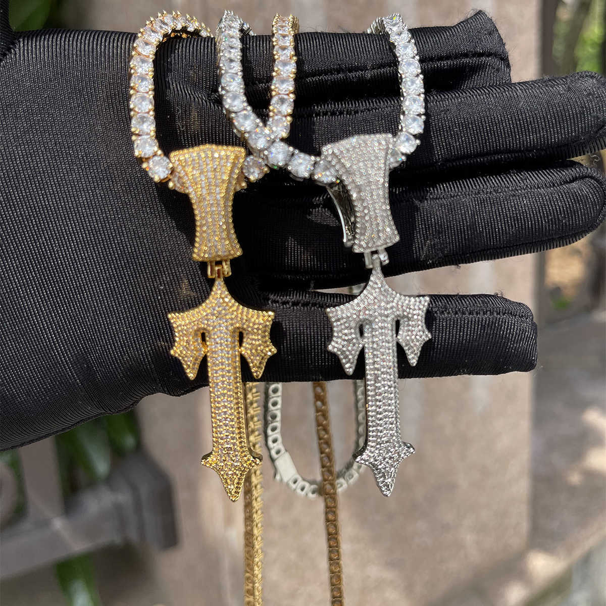 Pendant Necklaces Bubble Letter Iced Out Cross Sword Necklace for Men Real Gold Plated Hip Hop Jewelry 2022 Trend Charms T230413