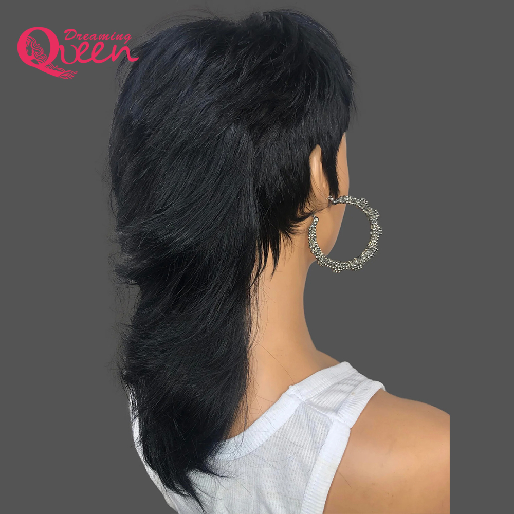 Krótkie peruki z fryzurą Pixie pełna maszynowa peruka z grzywką jaskółczy ogon prosto brazylijskie peruki z ludzkich włosów typu Remy dla kobiet Model długość