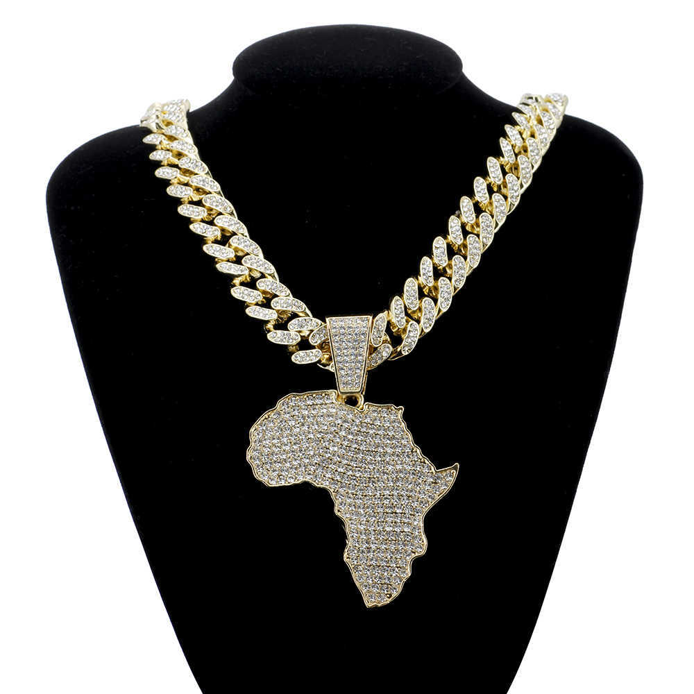 Pendanthalsband Fashion Crystal Africa Map Pendant Necklace For Women's Hip Hop Accessories Smycken Halsband Choker Cuban Link Chain Gift T230413