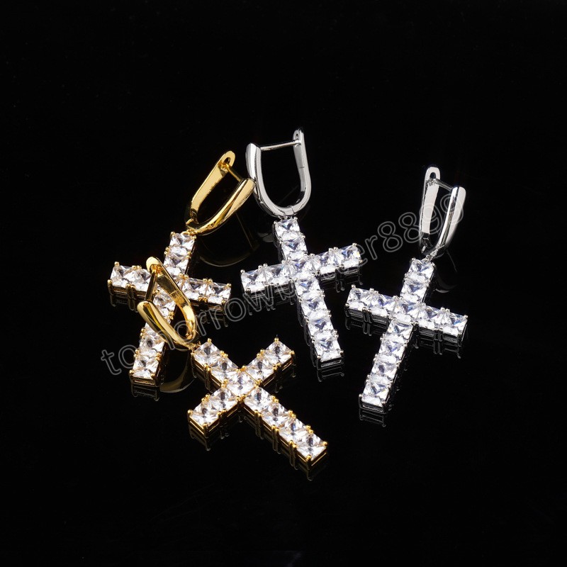 Orecchini pendenti a forma di croce casual Orecchini pendenti con micro pavé di zirconi cubici Uomo Donna Orecchini pendenti con croce color oro argento giallo viola