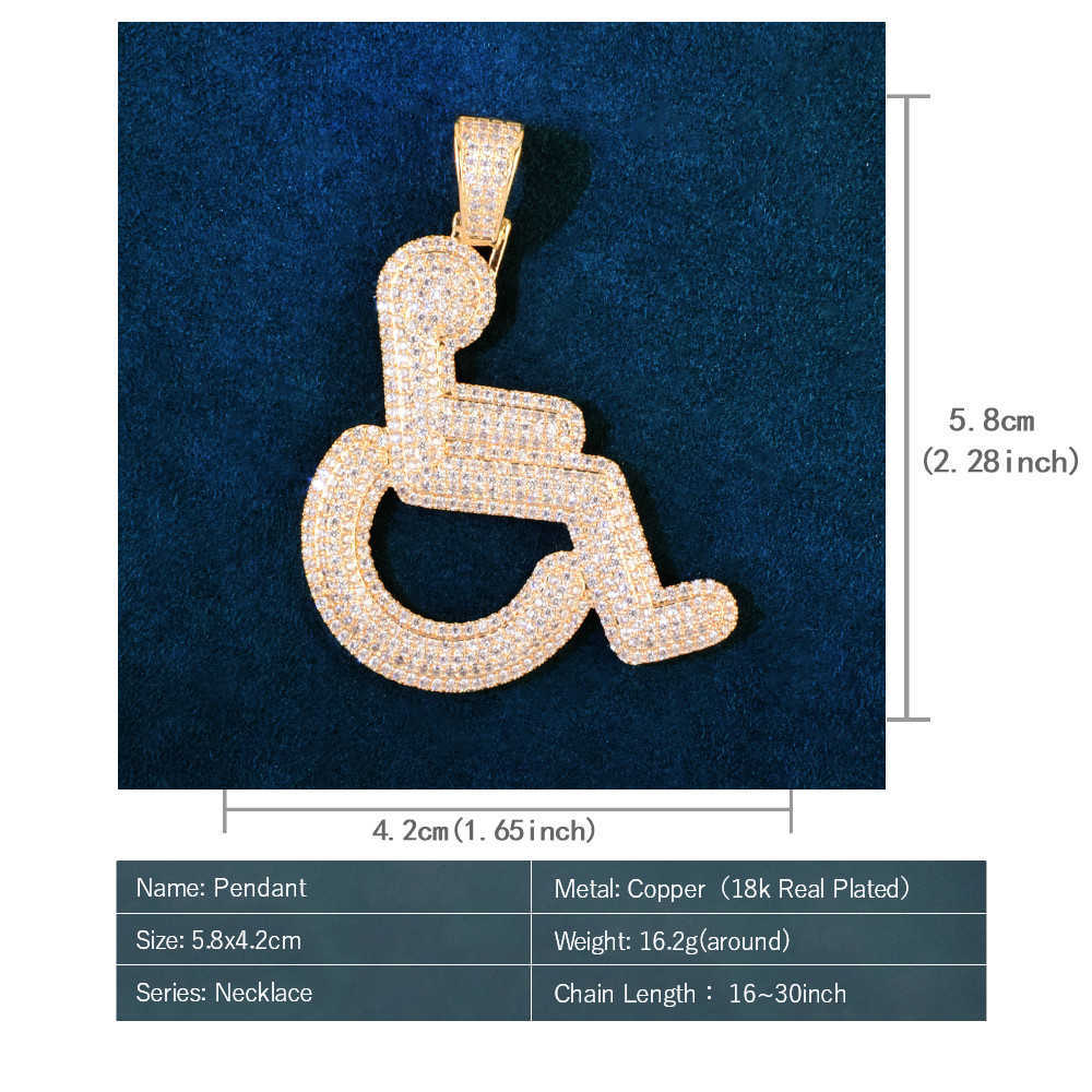 Pendant Necklaces Wheelchair Handicap Sign Gold Color Pendant Necklace For Women Men Hip Hop Chain Cubic Zirconia Rock Rapper Jewelry T230413