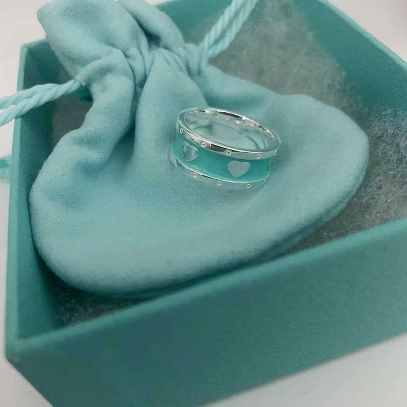 Designer Original TIFFAYS S925 Sterling Silver Emalj Hjärtformad ring Womens Advanced Sense Lake Blue Love Par Par Personlighet