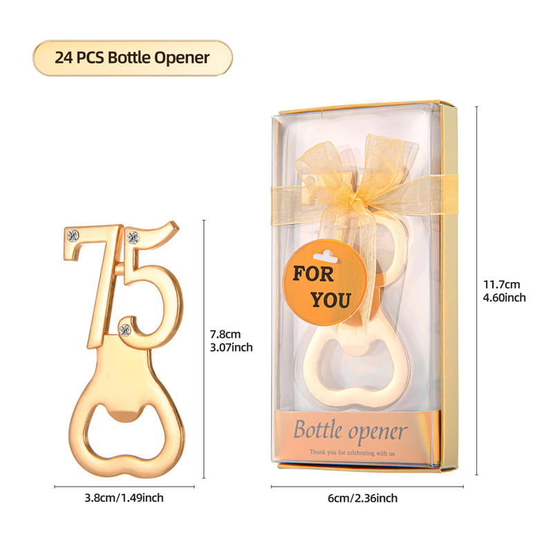 100st Party Favor Golden 75 Bottle Opener 75 -årsjubileum Keepsak 75th Birthday Present Event Giveaway Table Decors Gäst gynnar bröllopspresent