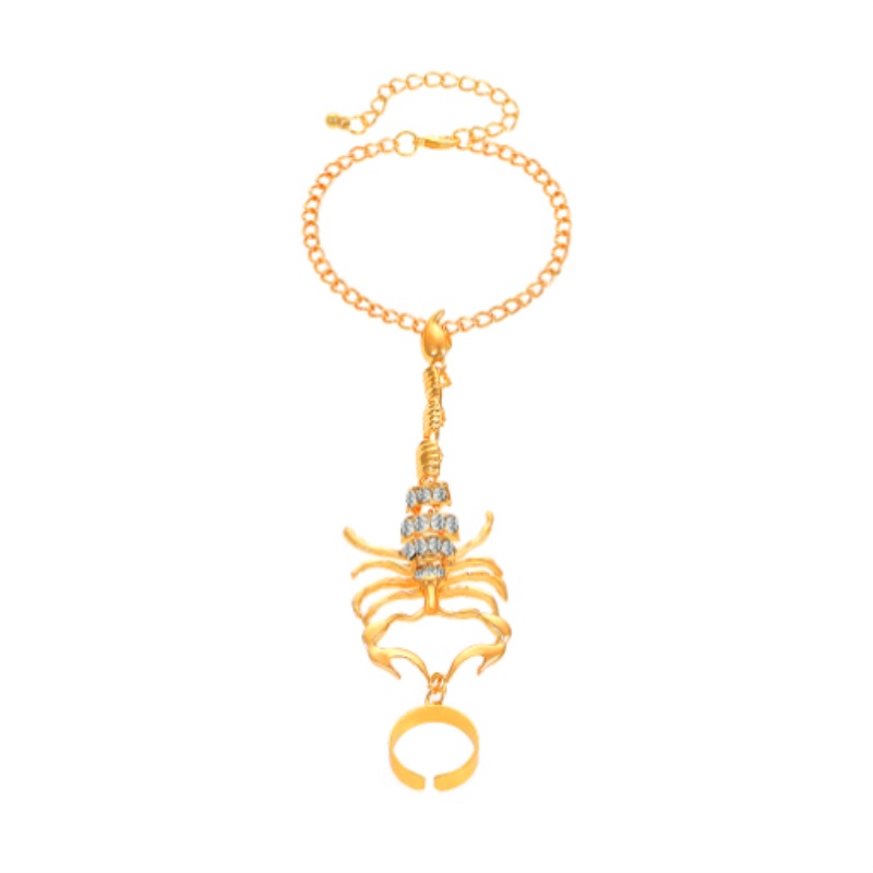 Set di braccialetti con anello a catena con nappa di scorpione punk vintage donna, uomo, anello di cristallo gotico, gioielli con braccialetti con ciondoli a dito collegati