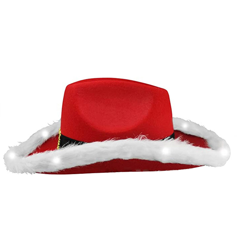 Chapeau de Cowboy du père noël, 10 pièces, chapeau de Cowboy occidental à volants blanc brillant, bord de plume scintillant, casquette flash LED en feutre de noël