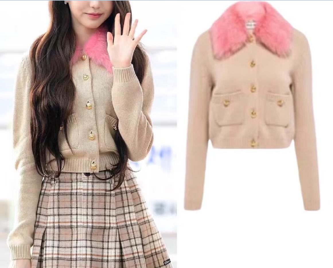 Luxury winter wear miu-m pink fur collar cardigan sweater jacket women's high-end knit top winter