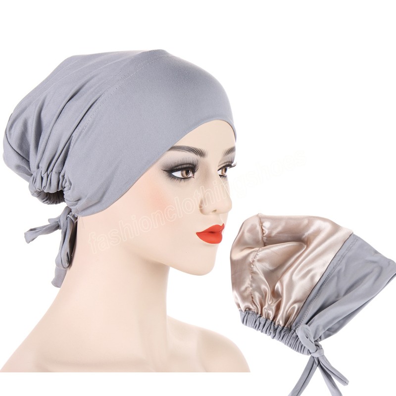 Underscarf Satin Adjustable Chemo Cap Double Layer Soft Muslim Women's Hijab Inners Hat Islamic Tie Back Bonnet Female Headcover
