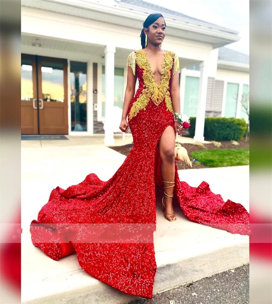 Red Sequins Mermaid Prom Dresses 2024 For Black Girls Sparkly Gold Beaded Tassels Birthday Party Gowns High Slit Evening Dresses