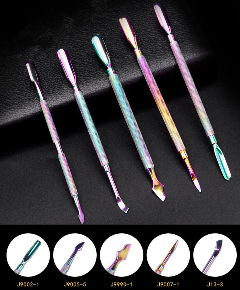 Pusher cuticole in acciaio inossidabile a doppia estremità Dispositivo di rimozione della pelle morta pedicure Manicure Nail Art Cleaner Care Tool Rainbow Wax Dabber Tools Metal Dab