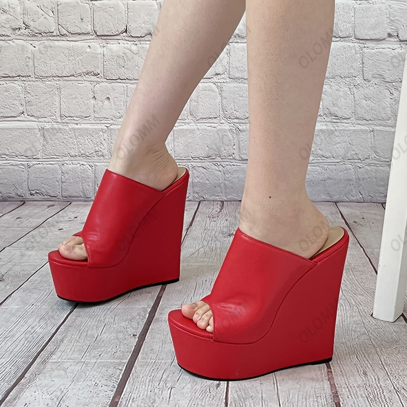 Olomm Handmade Women Platform Mules Sandals Slippers Wedges Heels Peep Toe Gorgeous Purple Night Club Shoesサイズ5-15