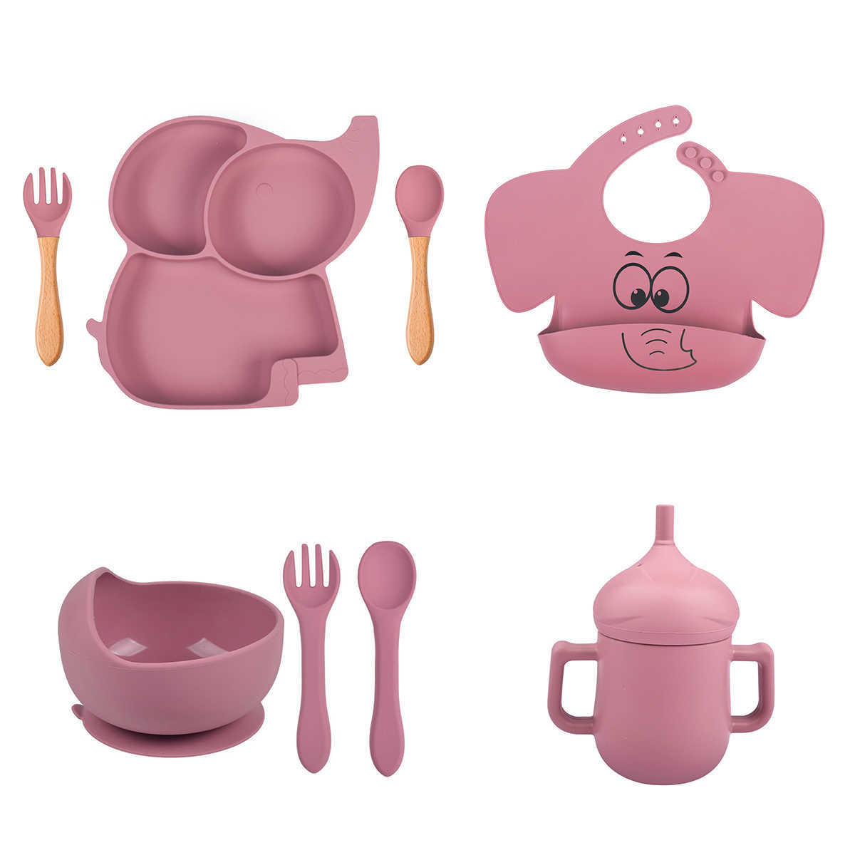 Tasses Vaisselles Ustensiles 3/7/Bébé Doux Silicone Ventouse Bol Assiette Tasse Bavoir Cuillère Fourchette Ensemble Antidérapant Dessin Animé Éléphant Enfants Nourrir Plats Couverts AA230413