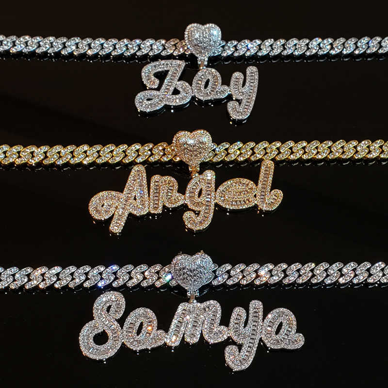 Pendant Necklaces Grandbling Custom Name Necklace with Heart Rhinestone Cuban Chain Word Necklace Iced Out CZ Personalized Hiphop Jewelry T230413