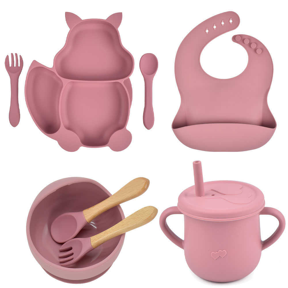 Tazze Piatti Utensili 8 PzBambino Silicone Ventosa Ciotola Piatto Tazza Bavaglini Cucchiaio Forchetta Set Bambini Antiscivolo Stoviglie Piatti l'alimentazione del bambino Senza BPA AA230413