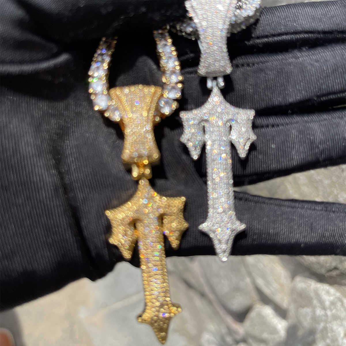 Pendant Necklaces Bubble Letter Iced Out Cross Sword Necklace for Men Real Gold Plated Hip Hop Jewelry 2022 Trend Charms T230413