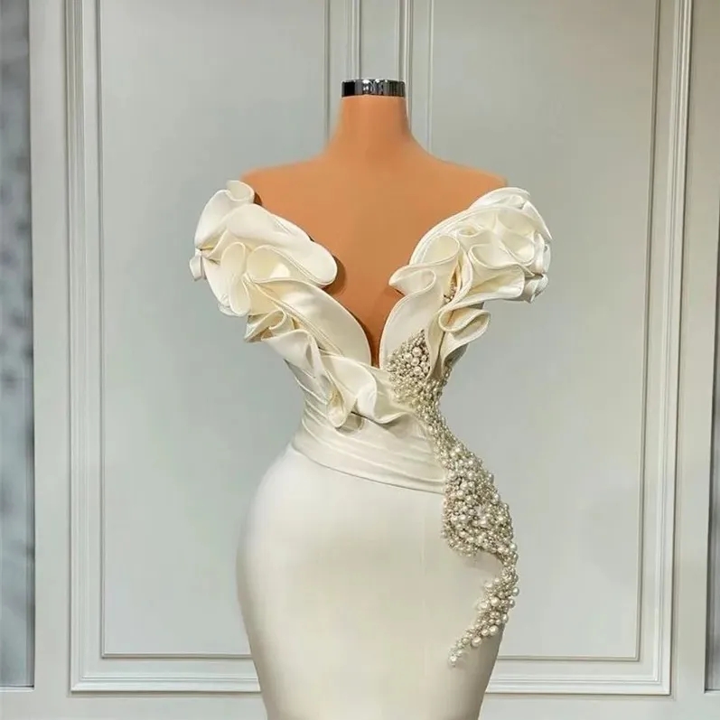 Dubaï perles sirène robes de mariée sexy hors de l'épaule élégant ivoire satin volants robes de mariée vintage boho pays mariée robes de réception