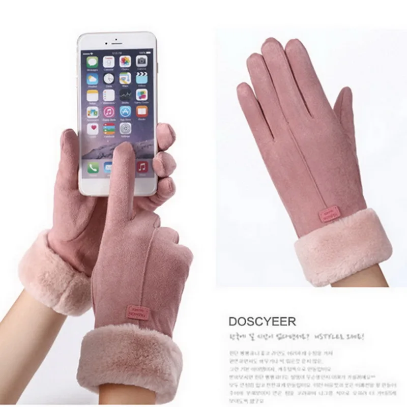 Winter Female Cashmere Warm Suede Leather Cycling Mittens Double Thick Velvet Plush Wrist Women Touch Screen Driving Gloves