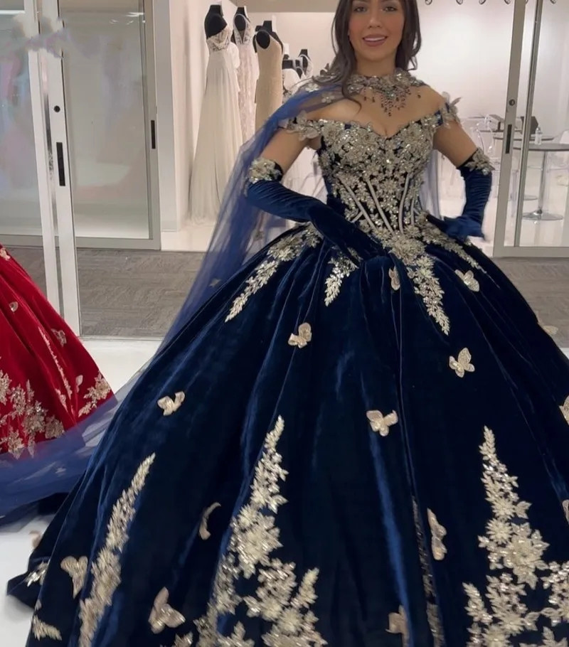 Vestidos elegantes de XV Anos Quinceanera vestidos com apliques de veludo de apliques de veludo, garotas mexicanas de 15º aniversário de festa de 15 anos 2023