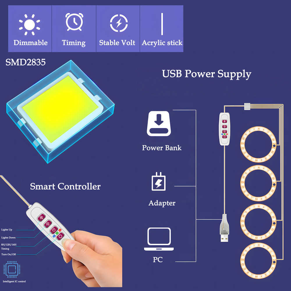 Grow Lights LED Angel Halo Grow Light DC 5V USB Phytolamp For Plants Led Full Spectrum Lamps For Indoor Plant Seedlings Home Flower Succulet P230413