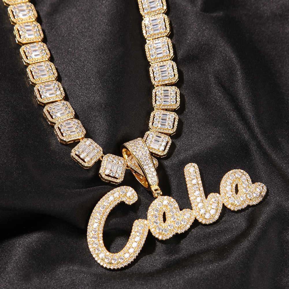 Pendant Necklaces THE BLING KING Custom Brush Script Letter Two Tone Pendant Micro Paved CZ Personalized Name Plate Necklace Hiphop Jewelry T230413