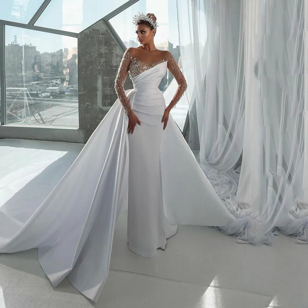 Beaded Satin Wedding Dress With Detachable Train Long Sleeves Chapel Bridal Gowns Pleats White Garden Bride Dresses Spring Vestido De Novia