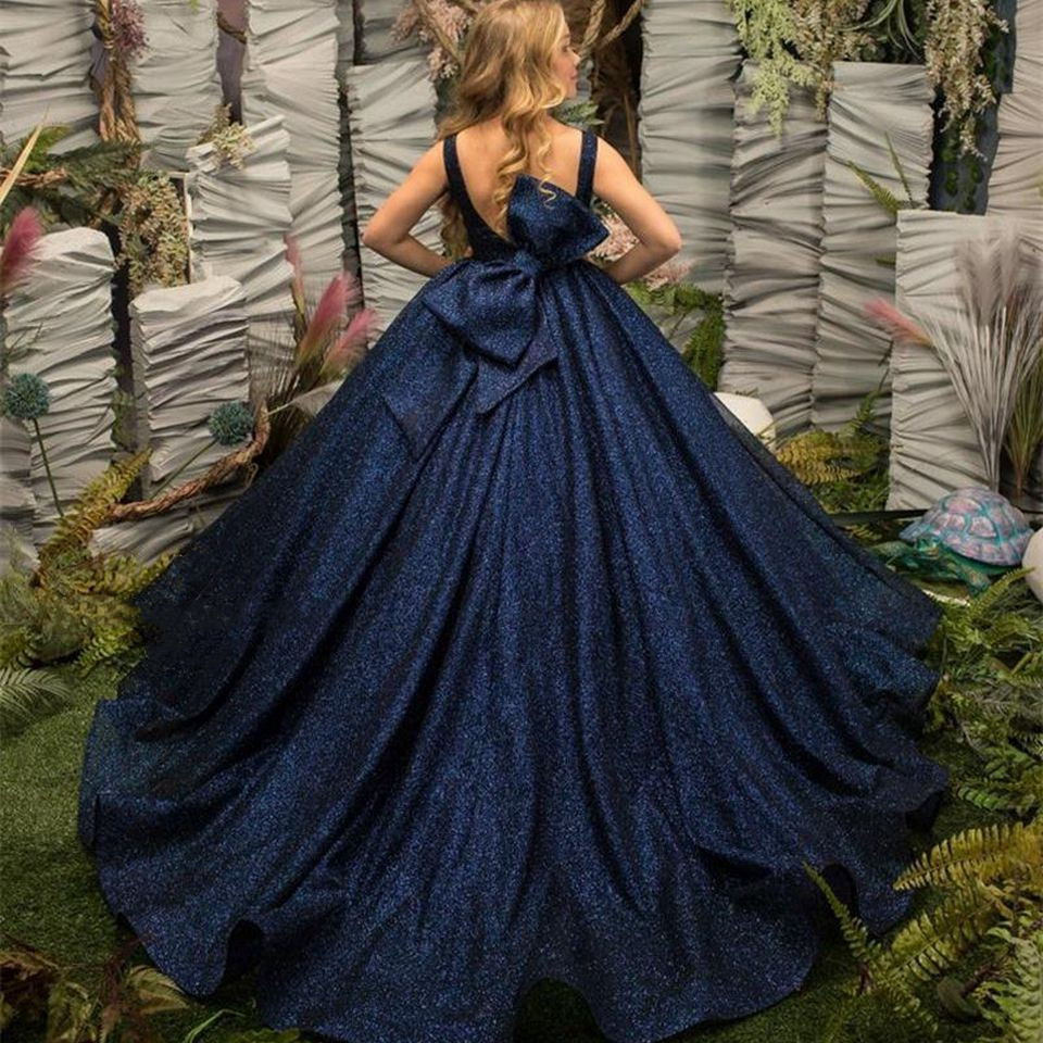 Abiti da ragazza di fiore scintillanti blu navy senza maniche abiti da principessa da ballo bambini, abiti da prima comunione con fiocco