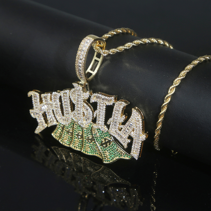 New Fashion Letter hustla pendentif avec chaîne de corde collier pavé 5a CZ STONE POUR femmes hommes us dollar hip hop bijoux drop ship