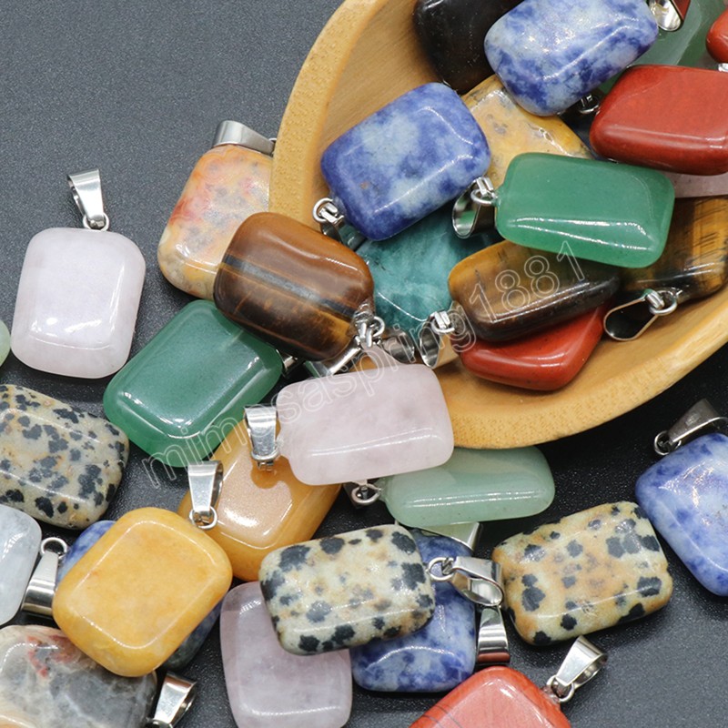 Natural Stone Pendants Rose Quartz Agate Square Healing Crystals Stone Charms for Jewelry Making DIY Necklace Earrings Women