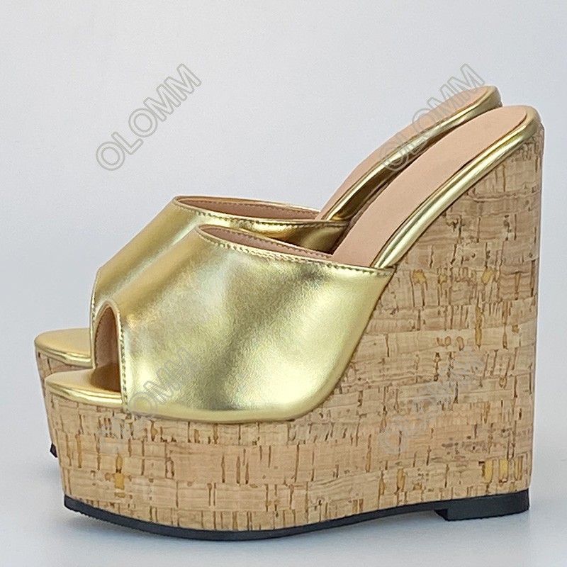 Olomm calidad mujeres verano plataforma mulas sandalias cuñas tacones altos punta abierta precioso oro plata Culb Wear zapatos talla estadounidense 5-20