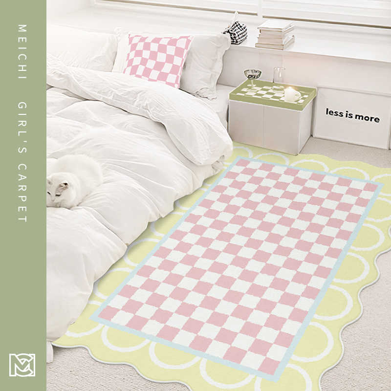 Carpets Checkerboard carpet cute plaid irregular IG girly rugs large area bedroom carpet fluffy soft polyester floor mat decoration home W0413