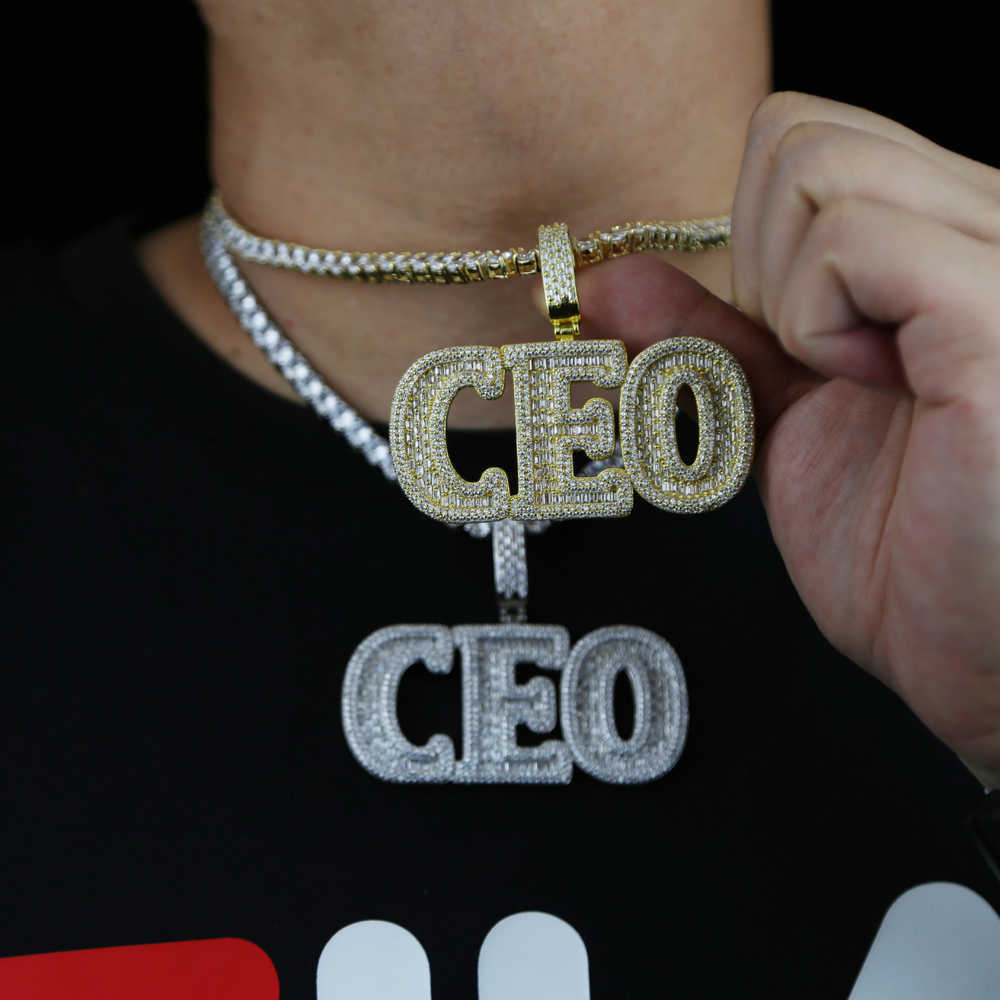 Naszyjniki wisiorek Hip Hop moda CZ Letter CEO Wisiant Naszyjnik lodowy Bling 5a Cubic Zirkonia Pełna utwardzony łańcuch tenisowy dla chłopca mężczyzn biżuteria T230413