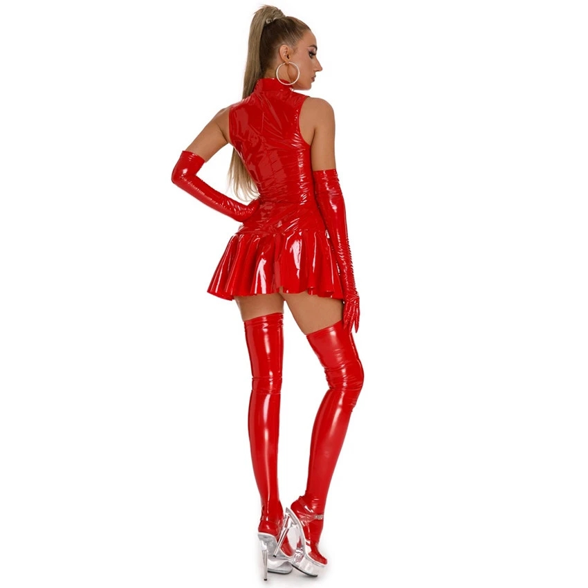 Sexy Kostüme Frauen Sexy Club Reißverschluss Wetlook PVC Leder Mini Plissee Kleid Stehkragen Ärmellos Wrap A-Linie Mini Clubwear Fetisch Sex Kleid