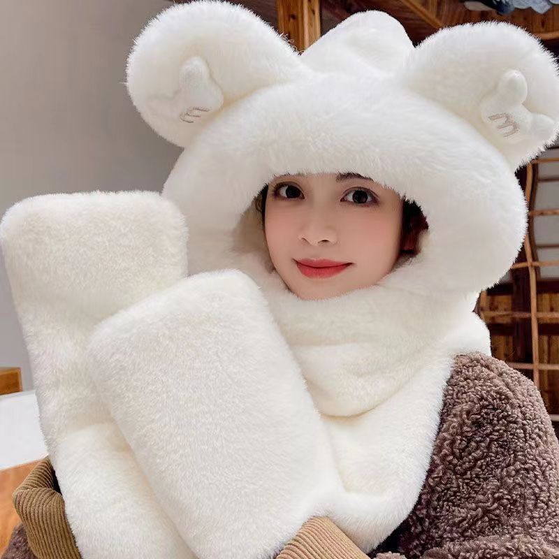 Kawaii Bear Ear Designer Beanie Skull Caps Scarf Hat Glove Set Hat Intensification Fleece Warmth Scarves For Cartoon High Quality Winter Windproof Ear-Protective