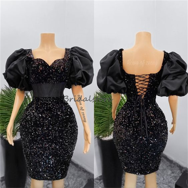Afrikansk svart aftonklänning 2024 elegant paljett cocktail klänning korta ärmar svarta flickor prom klänning födelsedag hemkomst seniorfest skräddarsydd vestidos de gala