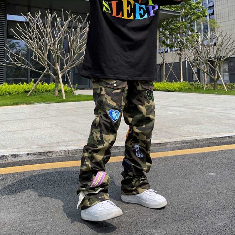 Herenbroeken Emo Herenmode Streetwear Casual Baggy Camouflage Jeans Geborduurd Hip Hop Amerikaanse Alt Patch Rechte Cargobroek Kleding W0414