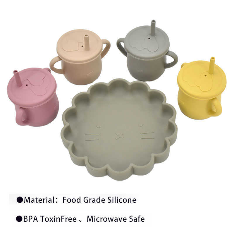 Чашки посуды посуда 4 шт./Установка Симпатичная мультипликационная силиконовая пластина левка