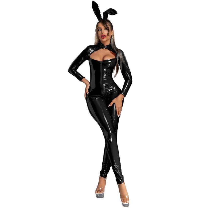 Catsuit Costumes Femmes Sexy Wetlook Faux Cuir Catsuit PVC Latex Body Fermeture Éclair Avant Ouvert Entrejambe Clubwear PU Combinaison Lingerie Costumes De Lapin